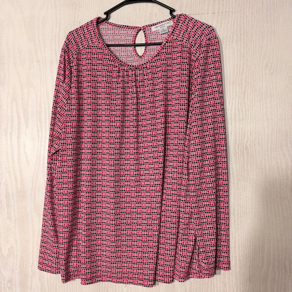 Liz Claiborne Blouse Woman 2X Pink Black Grid Long Sleeve Stretch Top